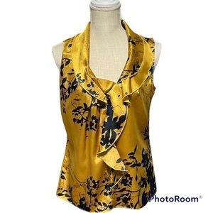T. Tahari Gold black lux silky bold floral sleeveless ruffled chiffon blouse